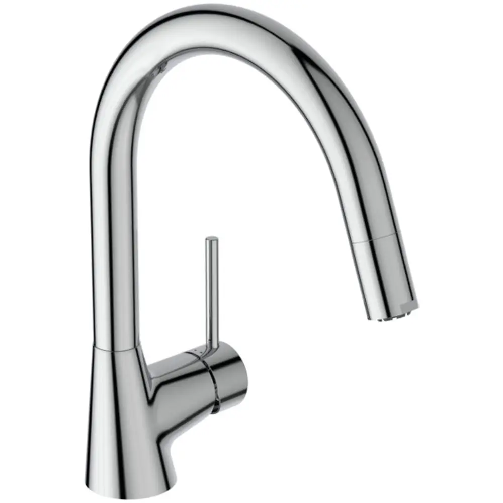 Küchenarmatur in Chrom mit einem gebogenen Auslauf und einer herausziehbaren Handbrause, hergestellt von Ideal Standard.